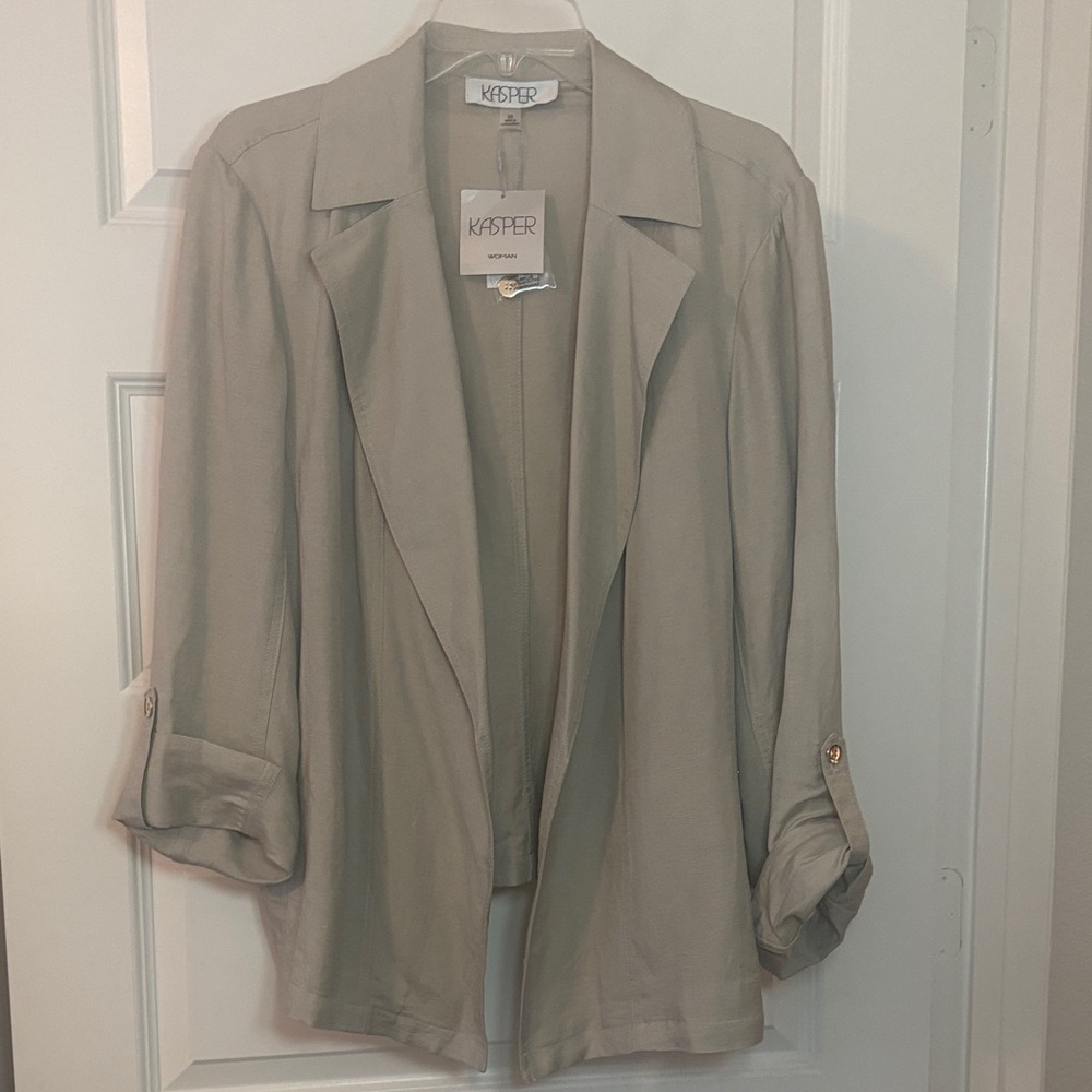 Kasper Tan Open-Front Lightweight Blazer SZ 2X Plus Size Linen Blend V Neck NWT